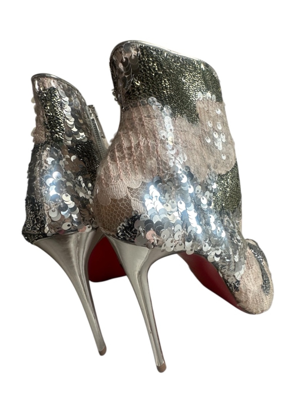 Christian Louboutin Sequined Lace Ankle Boot in Beige and Silver sz. 36 - Picture 8 of 11